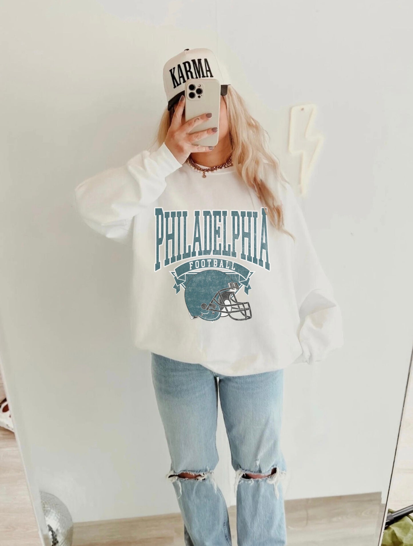 DISTRESSED PHILADELPHIA FOOTBALL CREWNECK SWEATSHIRT