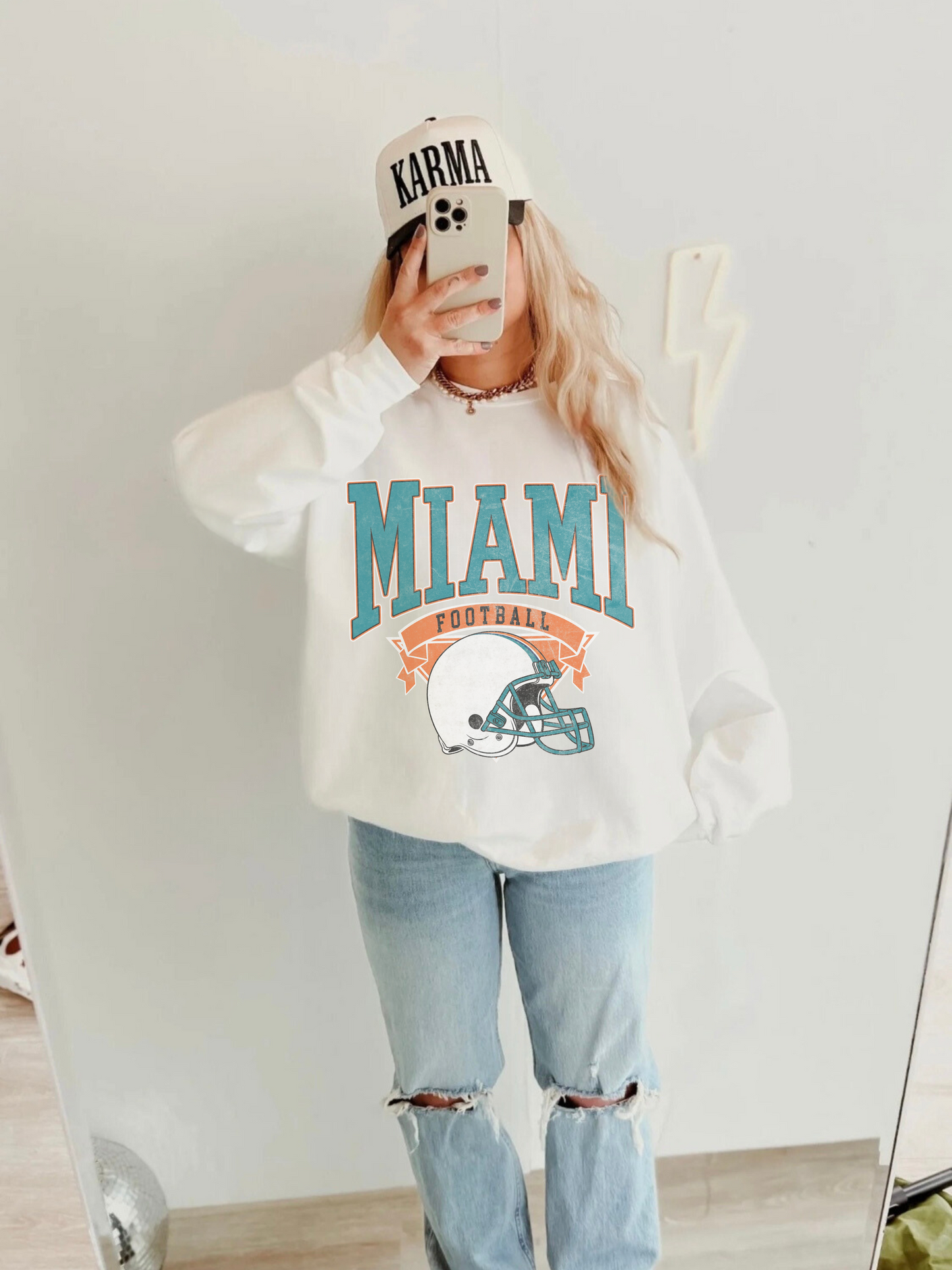 DISTRESSED MIAMI FOOTBALL CREWNECK SWEATSHIRT