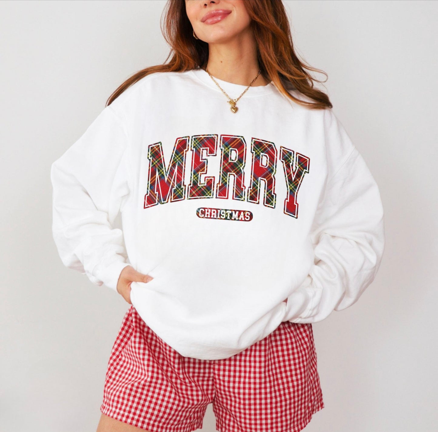 PLAID MERRY CHRISTMAS CREWNECK SWEATSHIRT